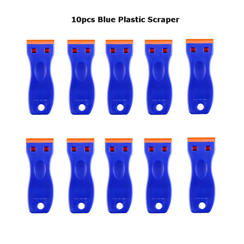 Ten blue plastic scrapers with orange tips used for removing labels and decals