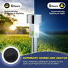 A silver solar-powered outdoor pathway light mounted on a pole, designed to charge during the day and light up at night.