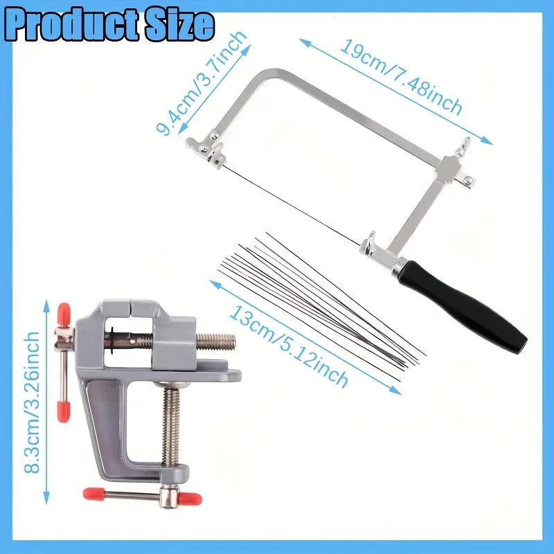 A professional jewelry saw kit featuring an adjustable frame, a long metal bar, and a vise-like clamp tool.