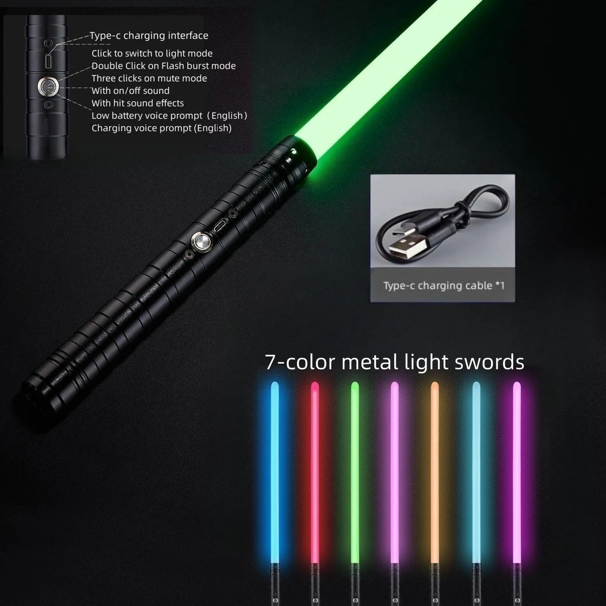 A black LED lightsaber with 7-color metal light swords and a Type-c charging interface cable