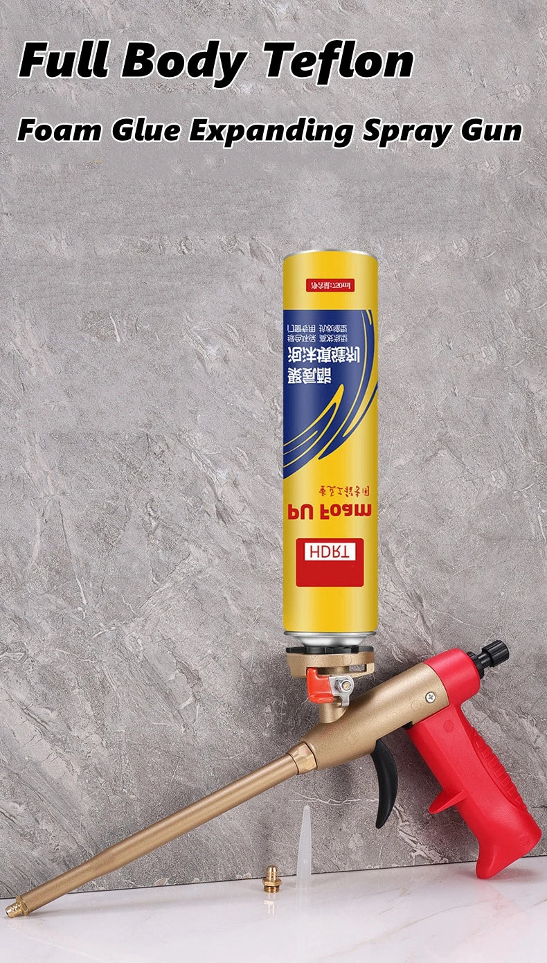 A yellow and black foam glue expanding spray gun is shown against a gray background.