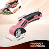 Pink and black rechargeable electric cutting scissors shown with dimension lines.