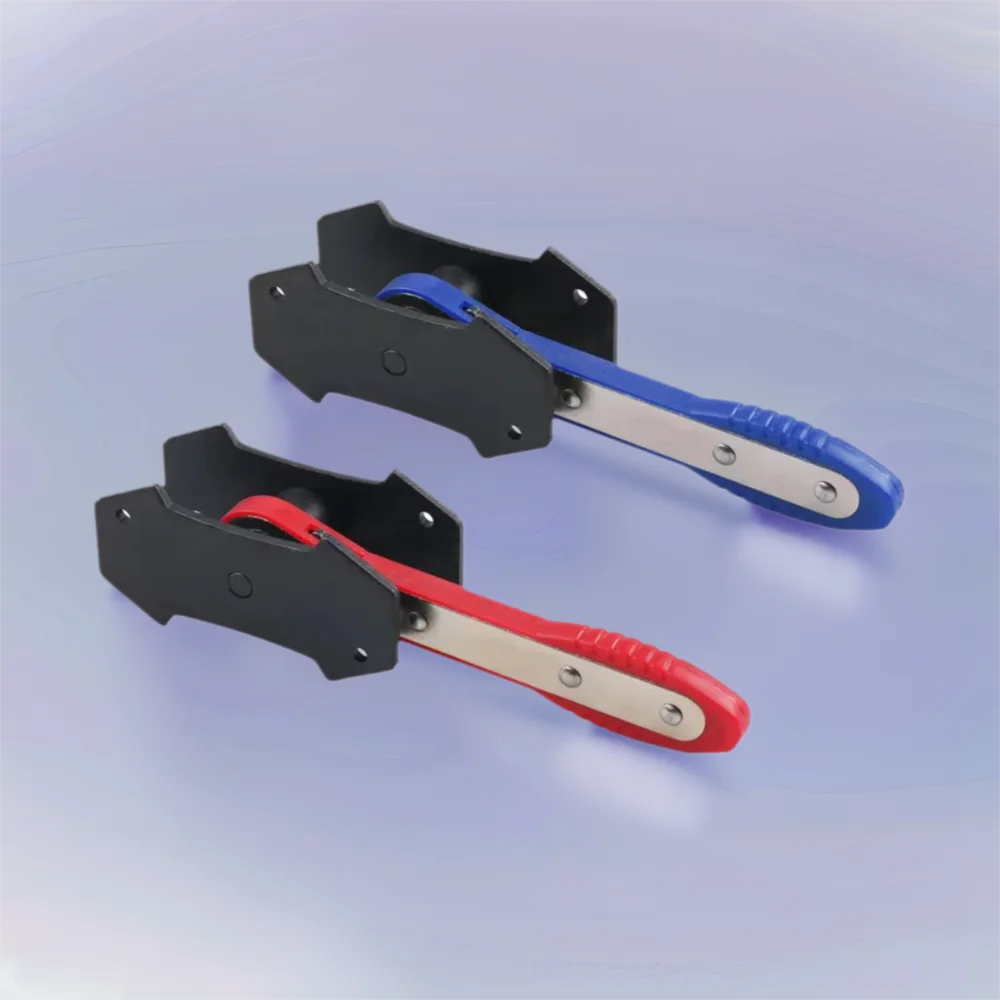 Two precision car ratchet brake piston spreader tools are shown, one blue and one red.