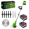A set of cordless electric lawn trimmers including a trimmer, blades, and battery charger.