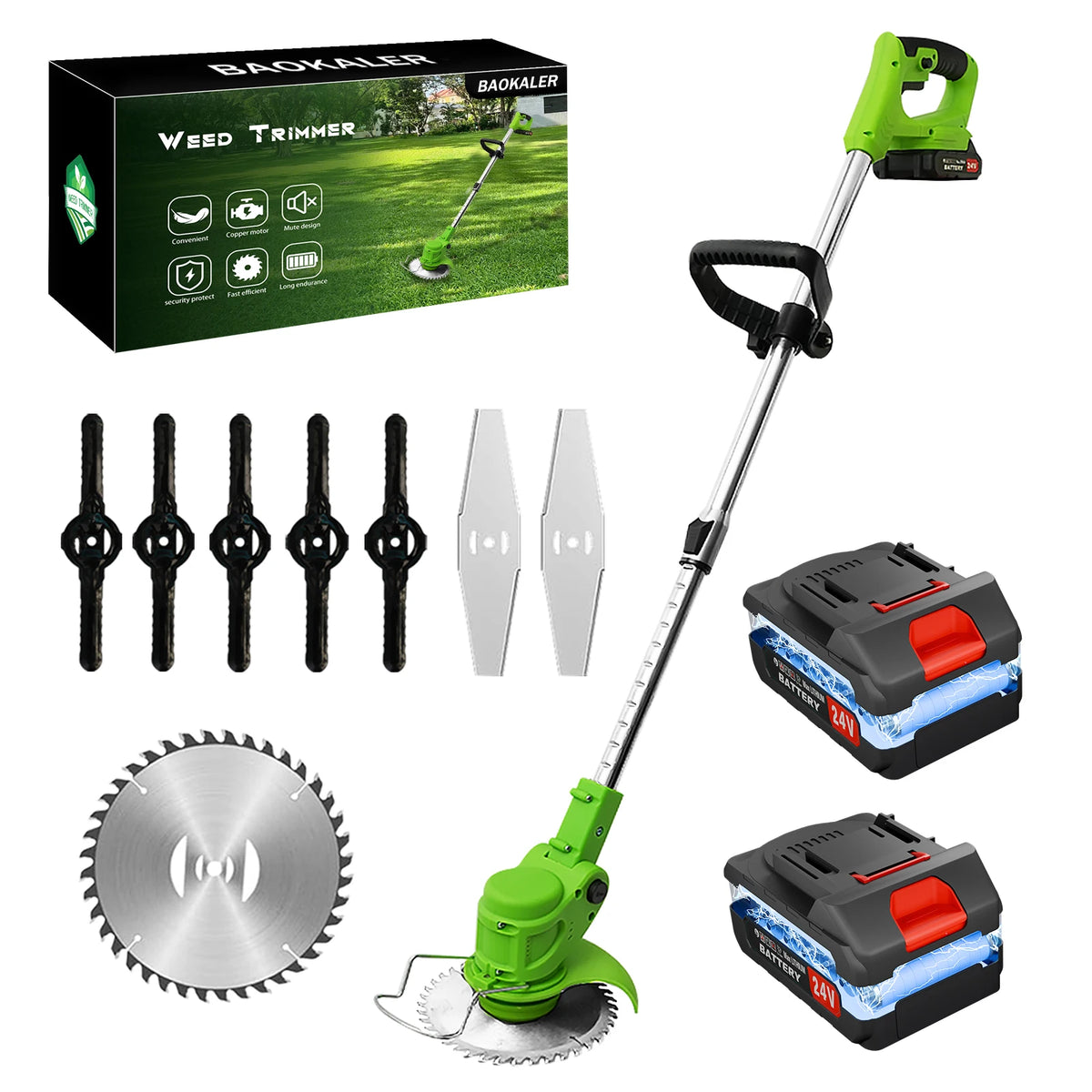 A set of cordless electric lawn trimmers including a trimmer, blades, and battery charger.