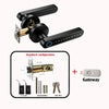 A black smart digital lock mechanism with a long rectangular keypad and accessories shown alongside a gateway device.