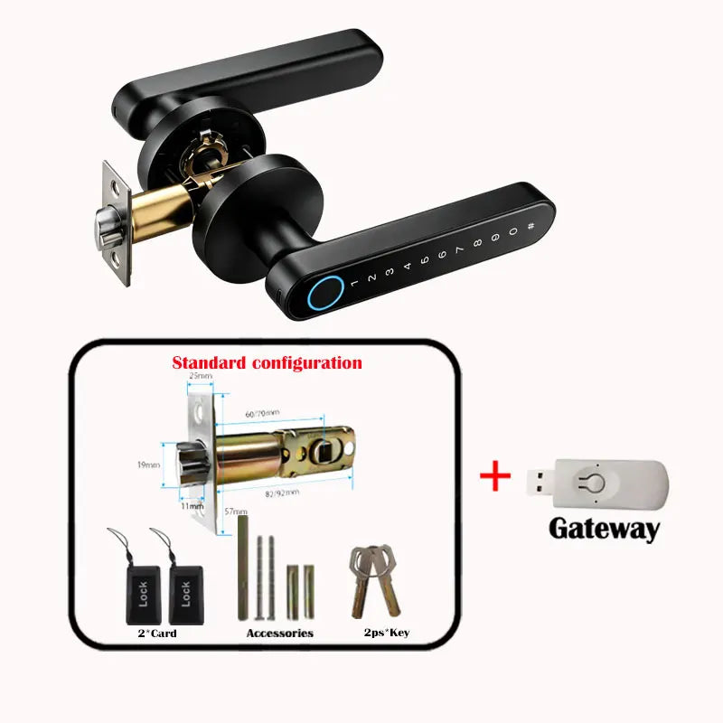 A black smart digital lock mechanism with a long rectangular keypad and accessories shown alongside a gateway device.
