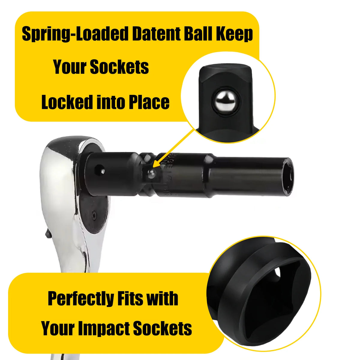 Spring-loaded datent ball keep for sockets, showing how it locks into place and fits impact sockets.