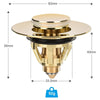 A brass universal pop-up drain fitting with a gold finish and a 92g weight label.