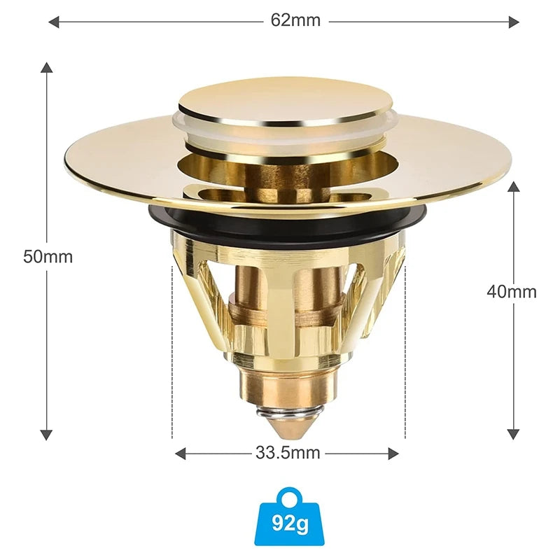 A brass universal pop-up drain fitting with a gold finish and a 92g weight label.