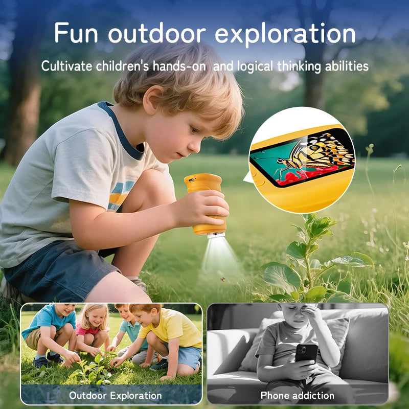 A young boy is using a handheld microscope to explore plants outdoors.