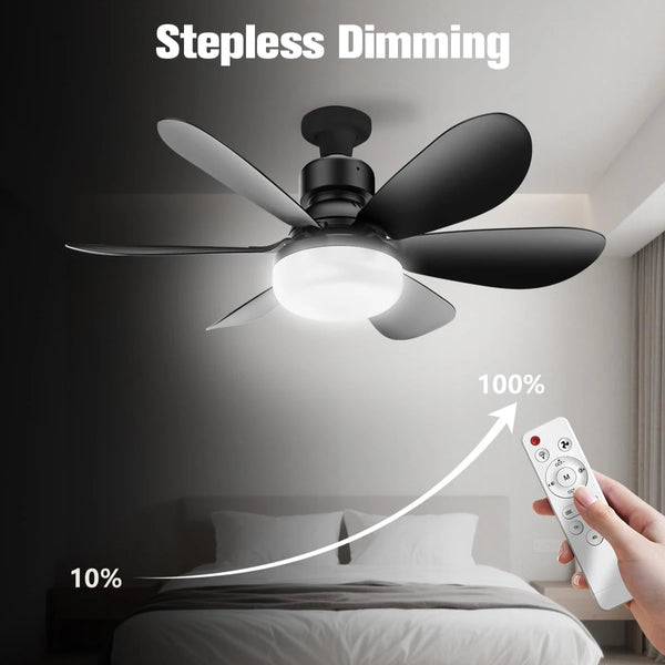 A black ceiling fan light is shown dimming from 100% to 10% using a remote control in a bedroom setting.