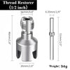 A silver thread restorer tool kit showing a threaded pipe and a straight rod for cutting threads.