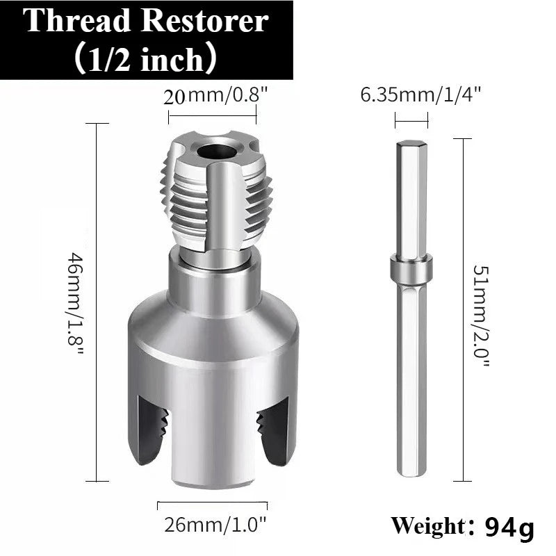 A silver thread restorer tool kit showing a threaded pipe and a straight rod for cutting threads.