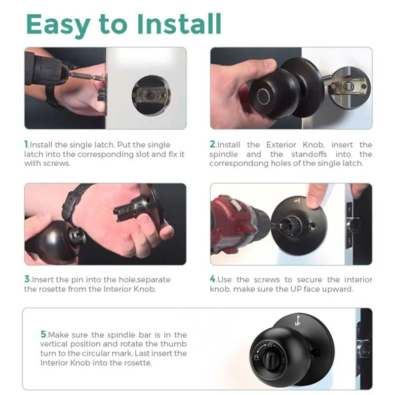 Step-by-step instructions showing how to install a biometric fingerprint smart door lock using various components like latche