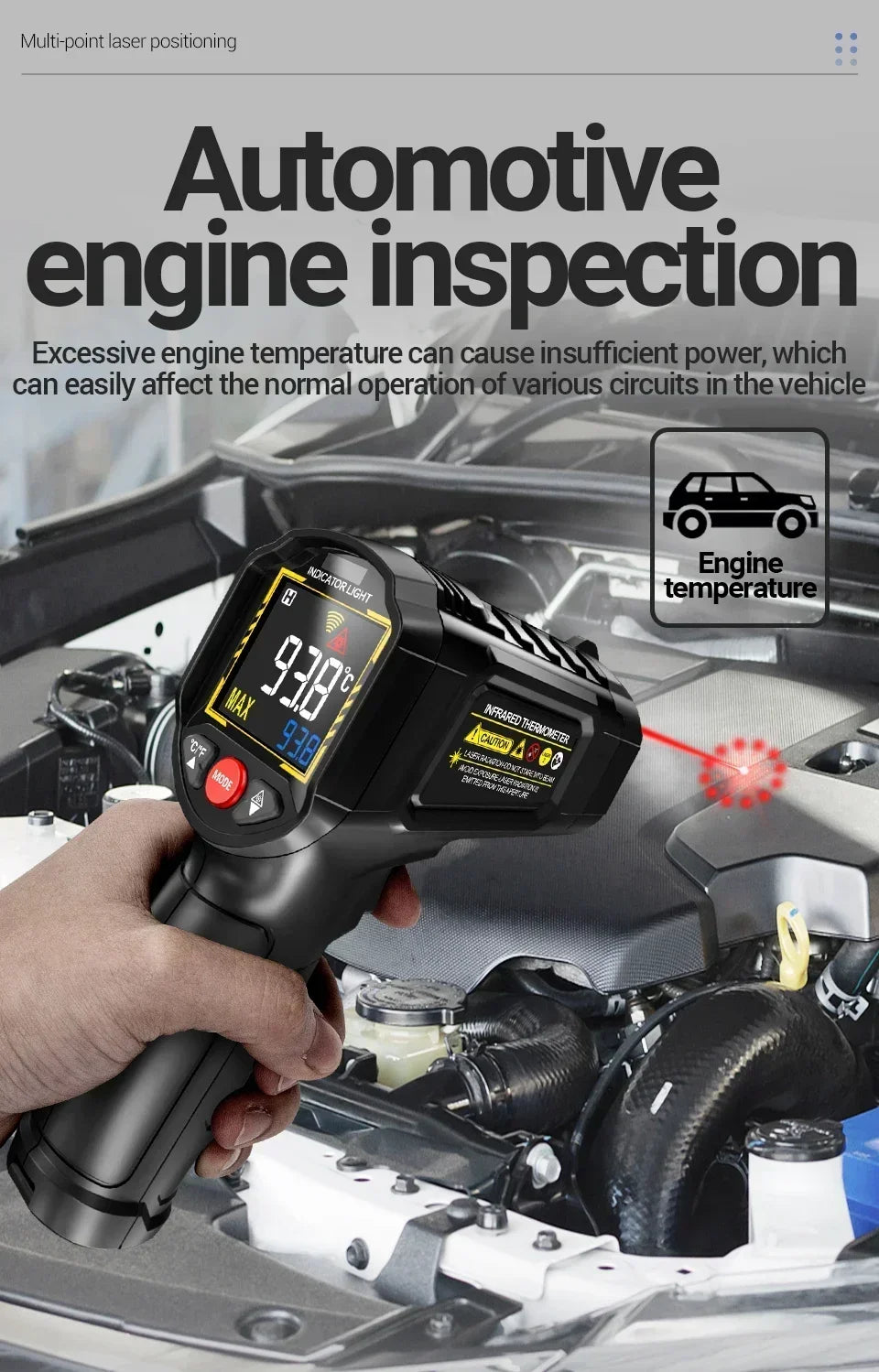 A hand holds an automotive engine infrared thermometer measuring the temperature of an engine component.
