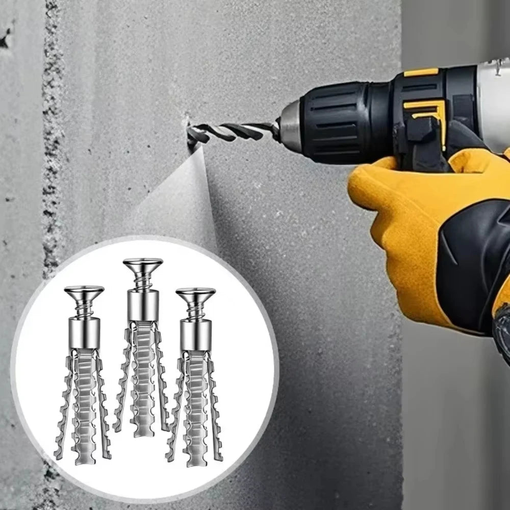 Una mano usando un taladro para instalar tornillos de expansión resistentes en una pared de concreto.