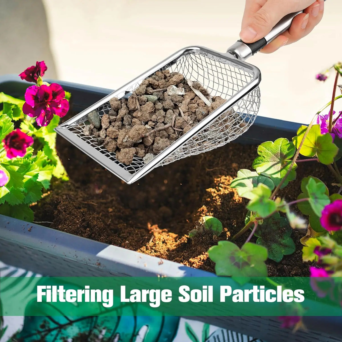 A hand is using a heavy duty stainless steel soil sieve to filter large soil particles into a plant pot.