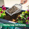 A hand is using a heavy duty stainless steel soil sieve to filter large soil particles into a plant pot.