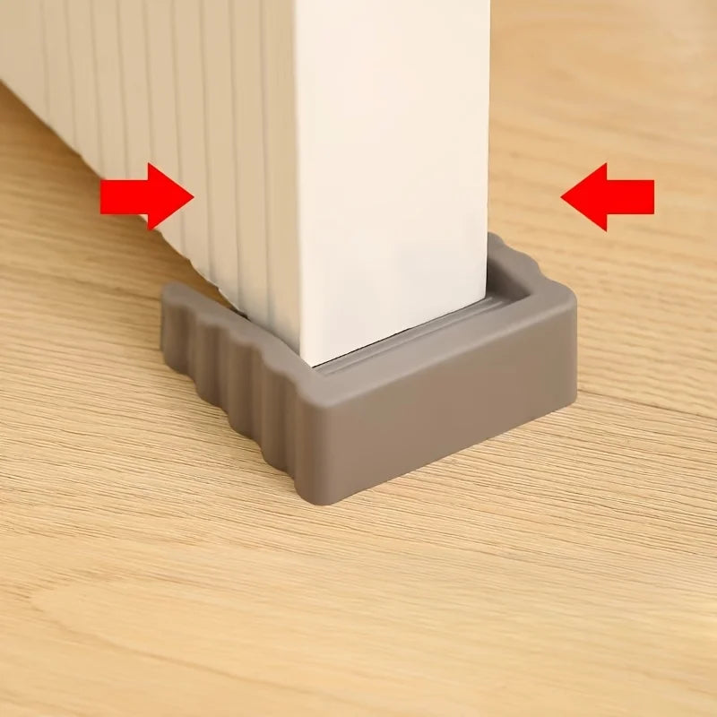 A white door stop wedge is shown being used to prop open a door, with red arrows indicating the direction of force.