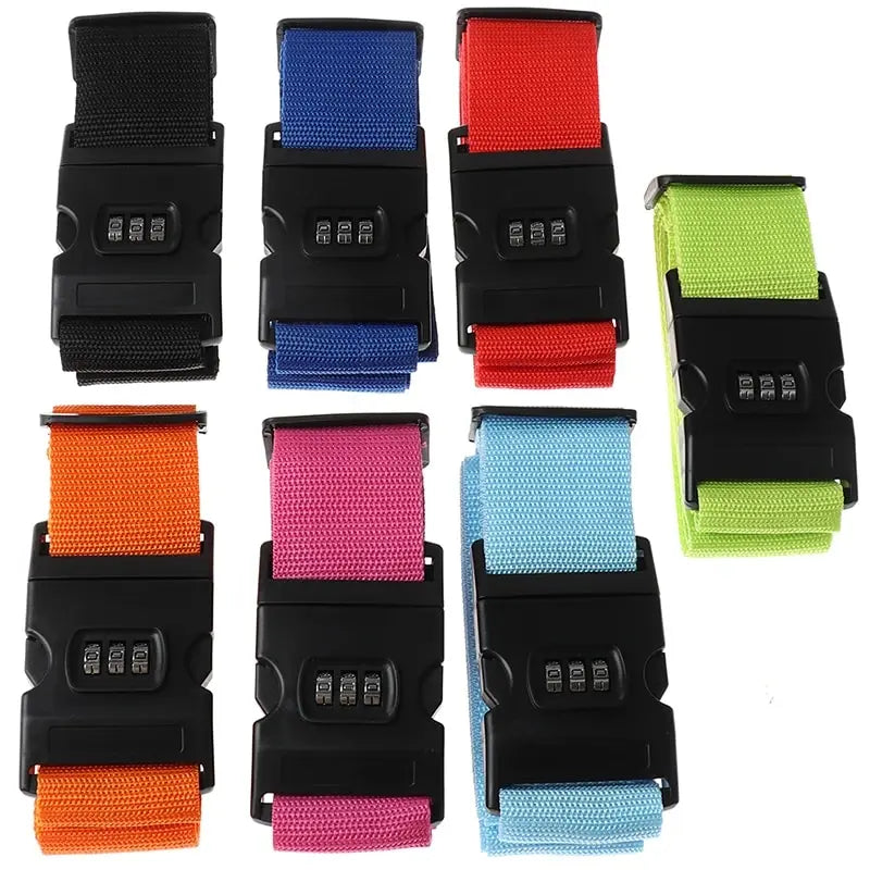 A collection of black luggage straps in various colors including blue, red, orange, and lime green.
