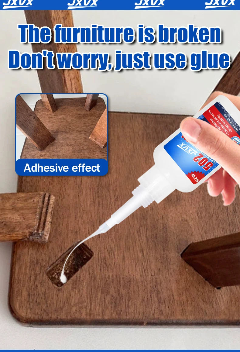 A hand applies glue to broken wooden furniture using a bottle of Super Strong Cyanoacrylate Adhesive Glue.