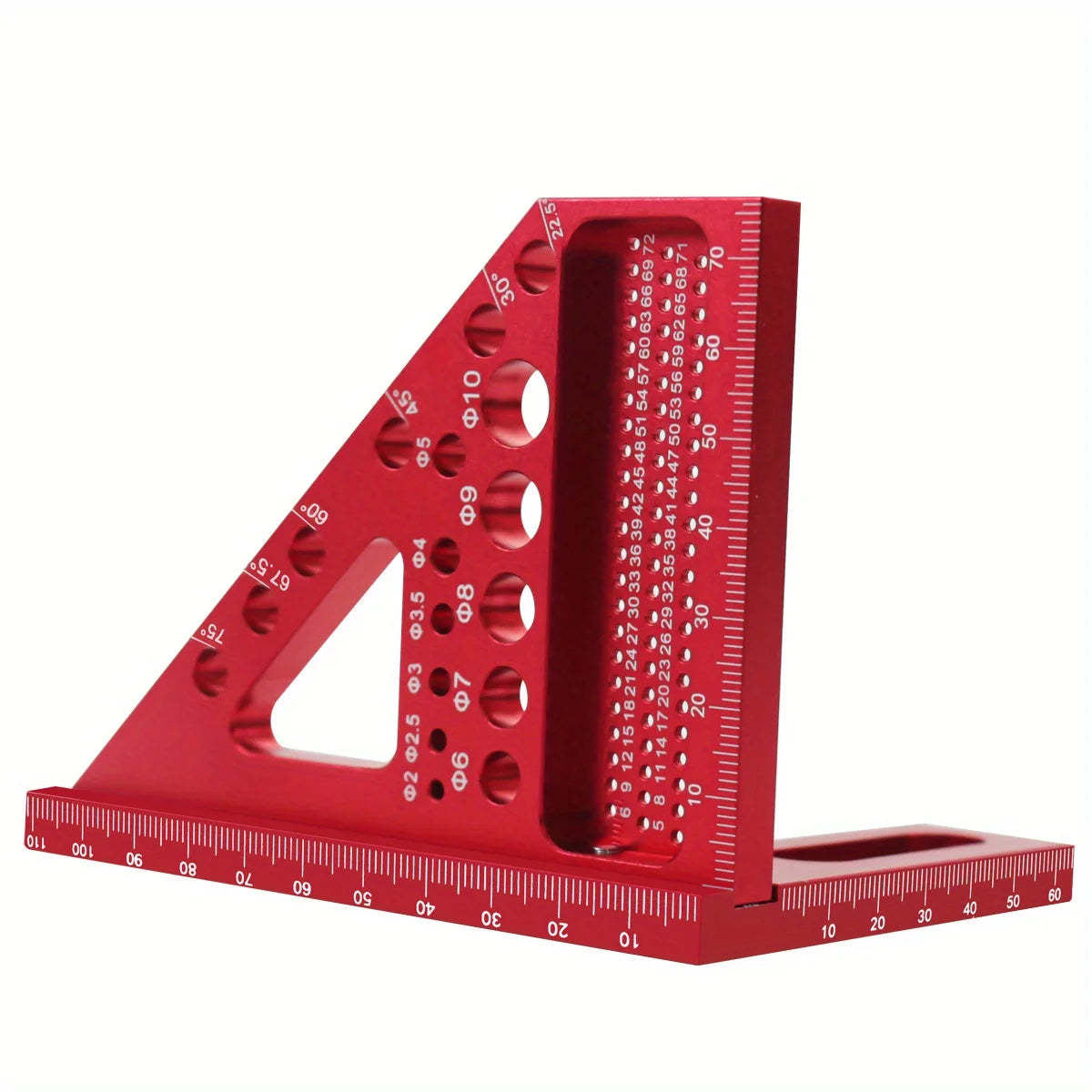 Red precision aluminum square protractor with a graduated scale for woodworking