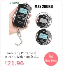 A black electronic weighing scale is shown being held by a hand, with multiple views of the device and a weight capacity of 2