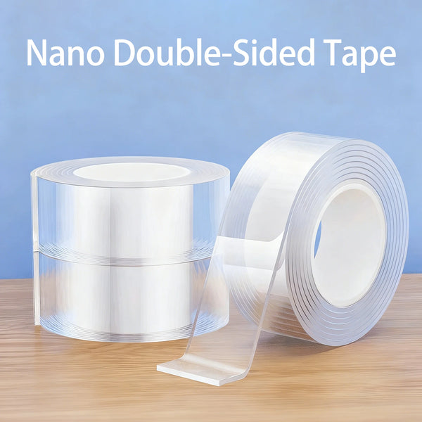 Roll of clear nano double-sided tape on a wooden surface