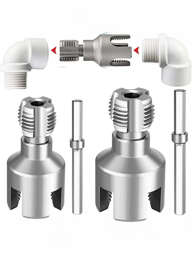 Set of heavy duty pipe thread cutting tools and adapters for electric drill