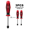 A set of three red and black screwdriver bits with handles and shafts.