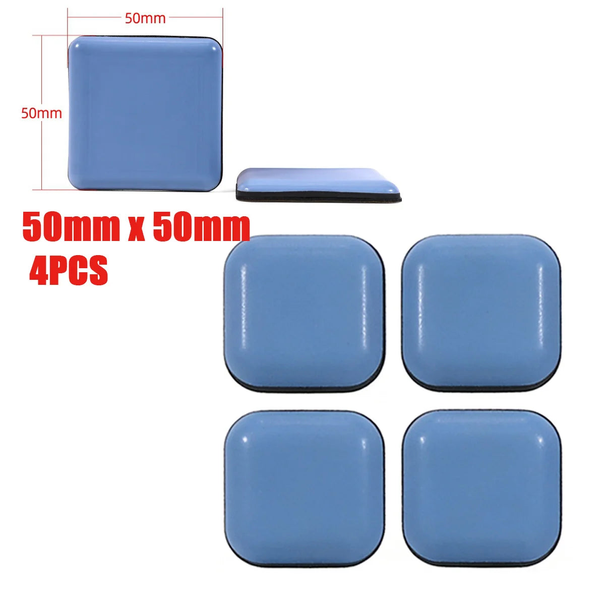 Four blue self-adhesive furniture sliders measuring 50mm by 50mm for floor protection