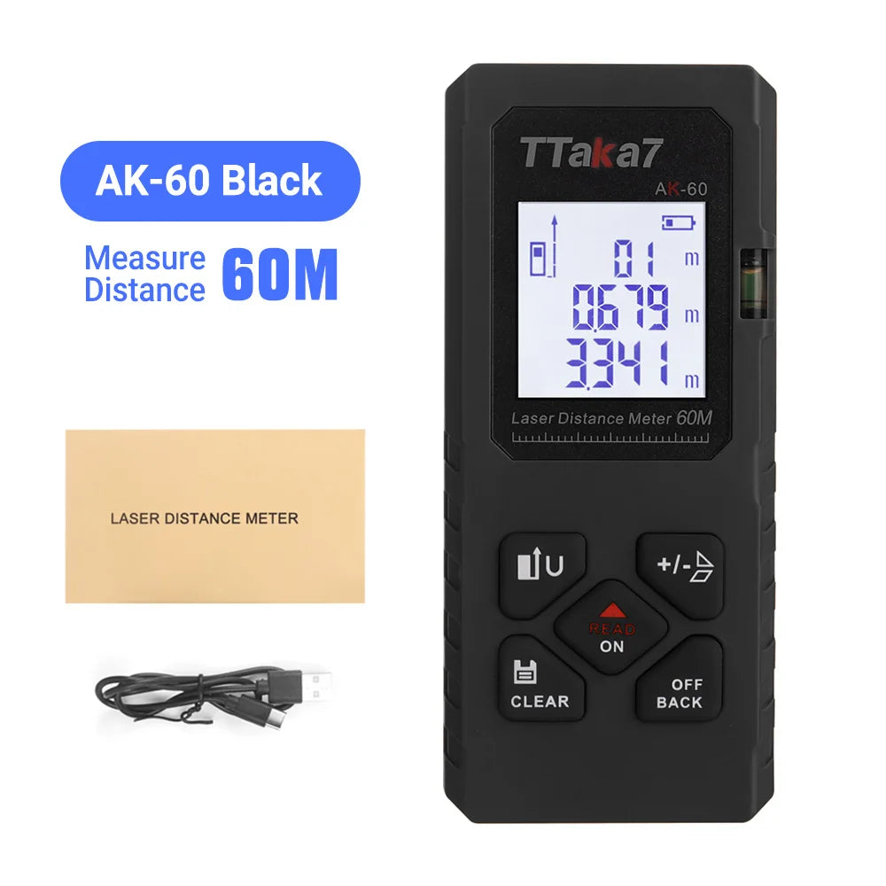 Black TTaka7 laser distance meter displaying a measurement of 0.0679 meters