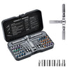 A black magnetic ratchet screwdriver set with various bits and tools displayed in an open case.