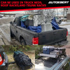 A black heavy-duty cargo bungee net is shown installed in the bed of a pickup truck.