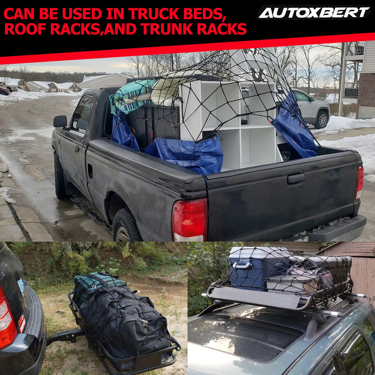 A black heavy-duty cargo bungee net is shown installed in the bed of a pickup truck.
