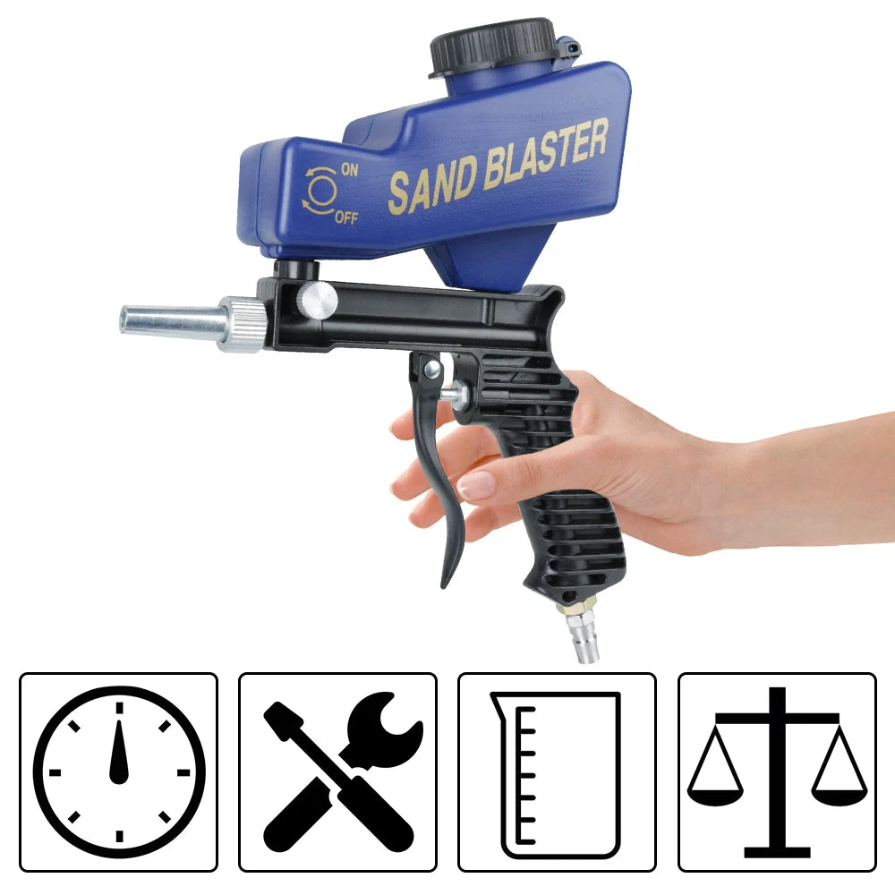 A hand holds a blue pneumatic sandblasting gun with an attached nozzle and various tool icons.