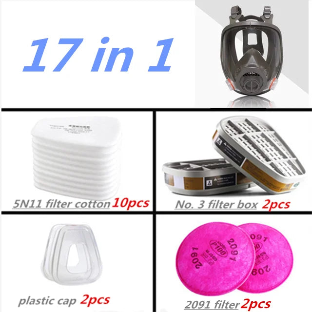 Set industrieller Gas-Atemmasken und Filter inklusive Maske, Filterboxen und Plastikdeckel.
