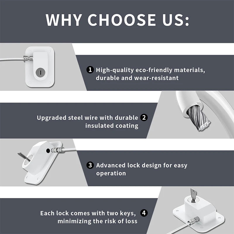 A graphic listing four features of a traceless adhesive safety lock, including eco-friendly materials, upgraded steel wire, a