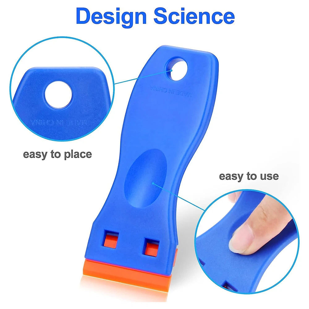 A blue multi-surface plastic razor blade scraper shown with features for easy placement and use.