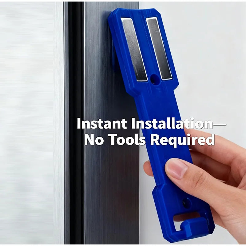 A hand holds a blue magnetic spray can holder designed for instant installation without tools.