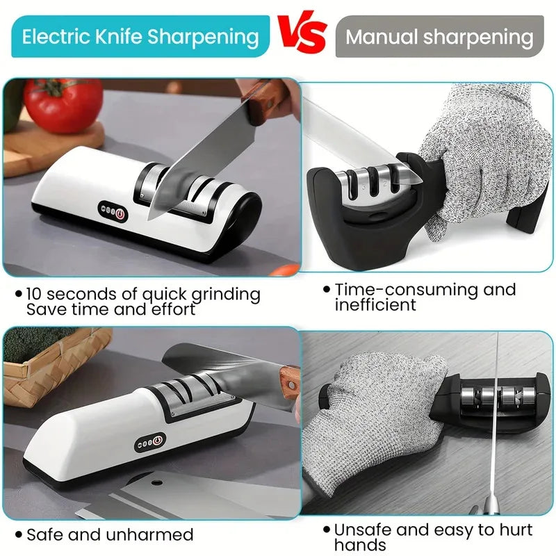 Comparison of electric and manual knife sharpening methods showing benefits like speed and safety.