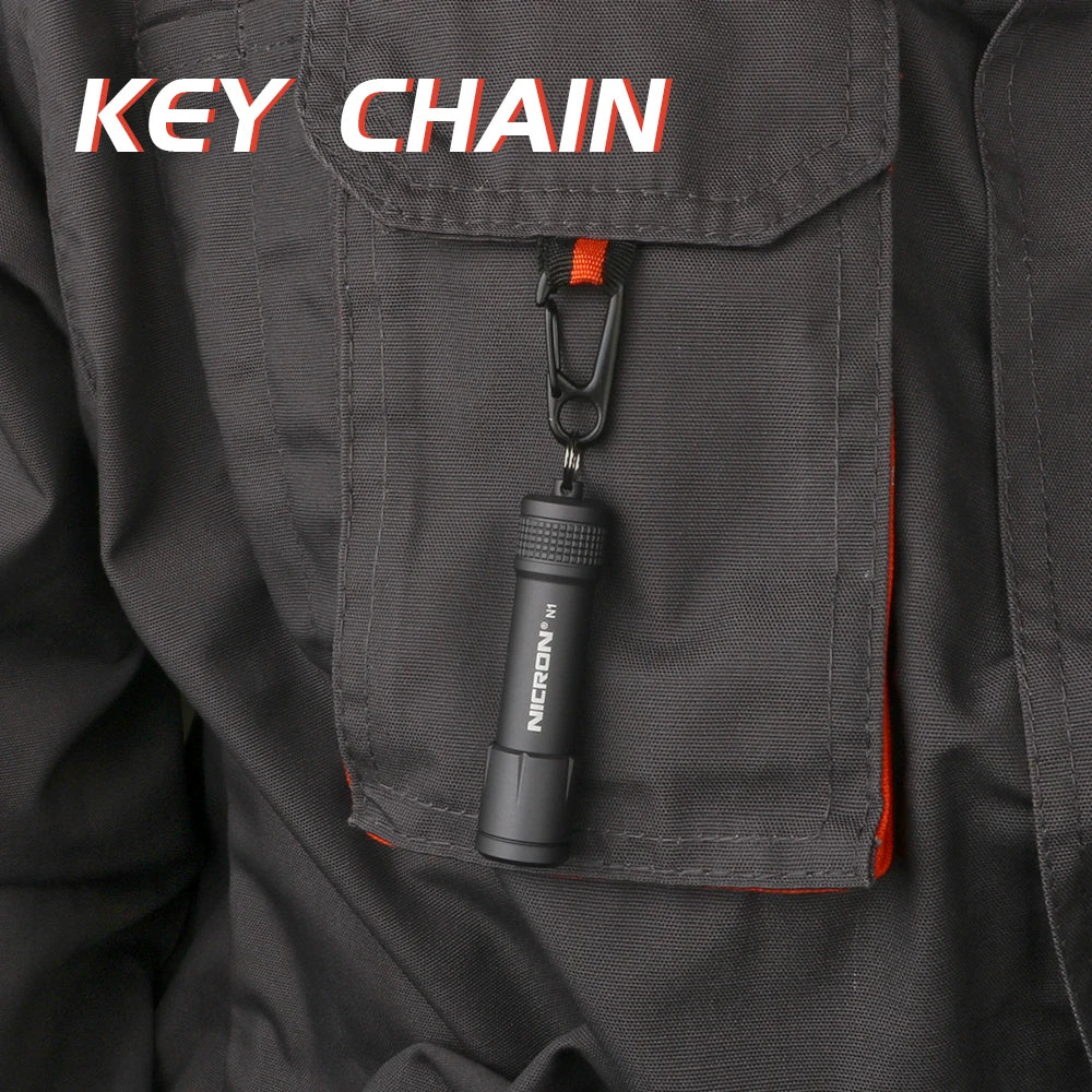 A black fabric pocket shows a mini key chain LED flashlight attached to a key chain ring.