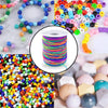A collection of colorful 1mm stretchy rainbow elastic cord for jewelry making, shown in various forms and bulk.
