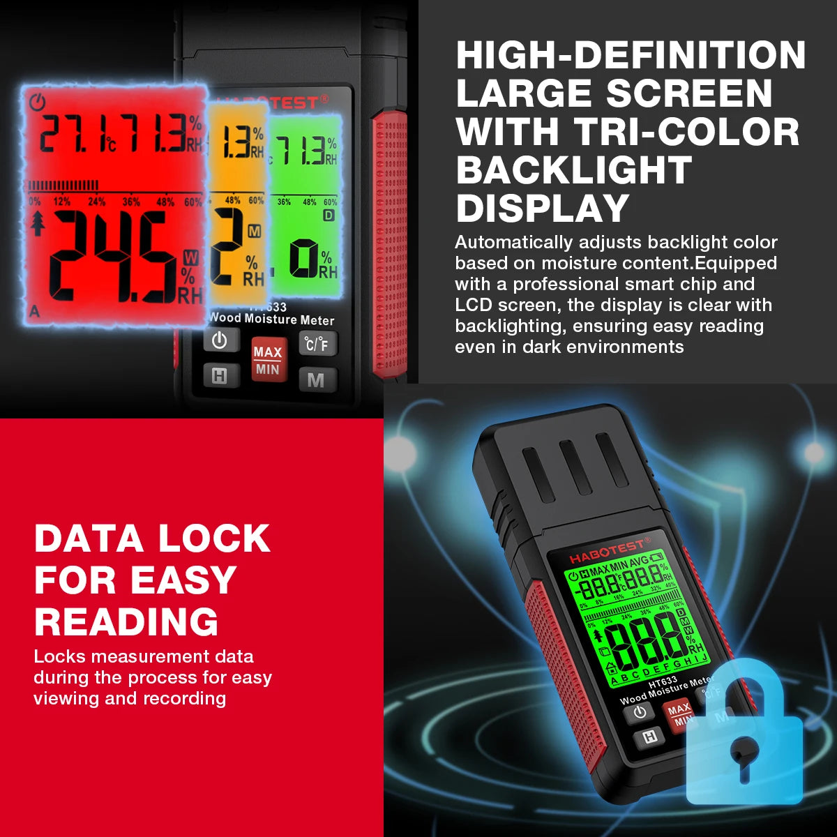 A digital wood moisture meter displays readings on a large screen with a tri-color backlight and a data lock feature.