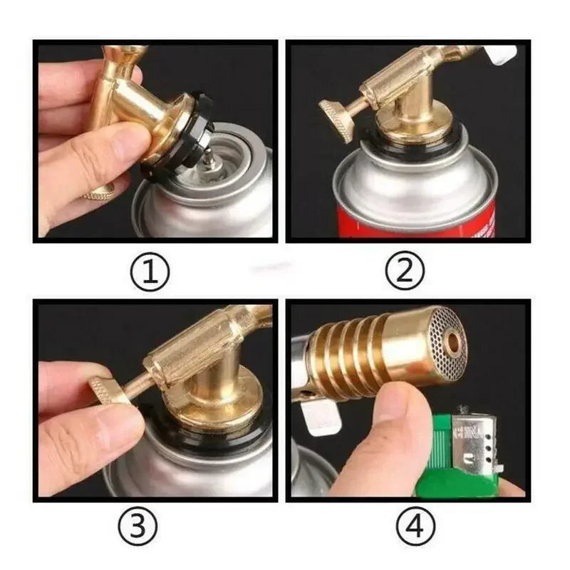 Four steps showing the assembly of a professional gas torch for brazing and soldering.