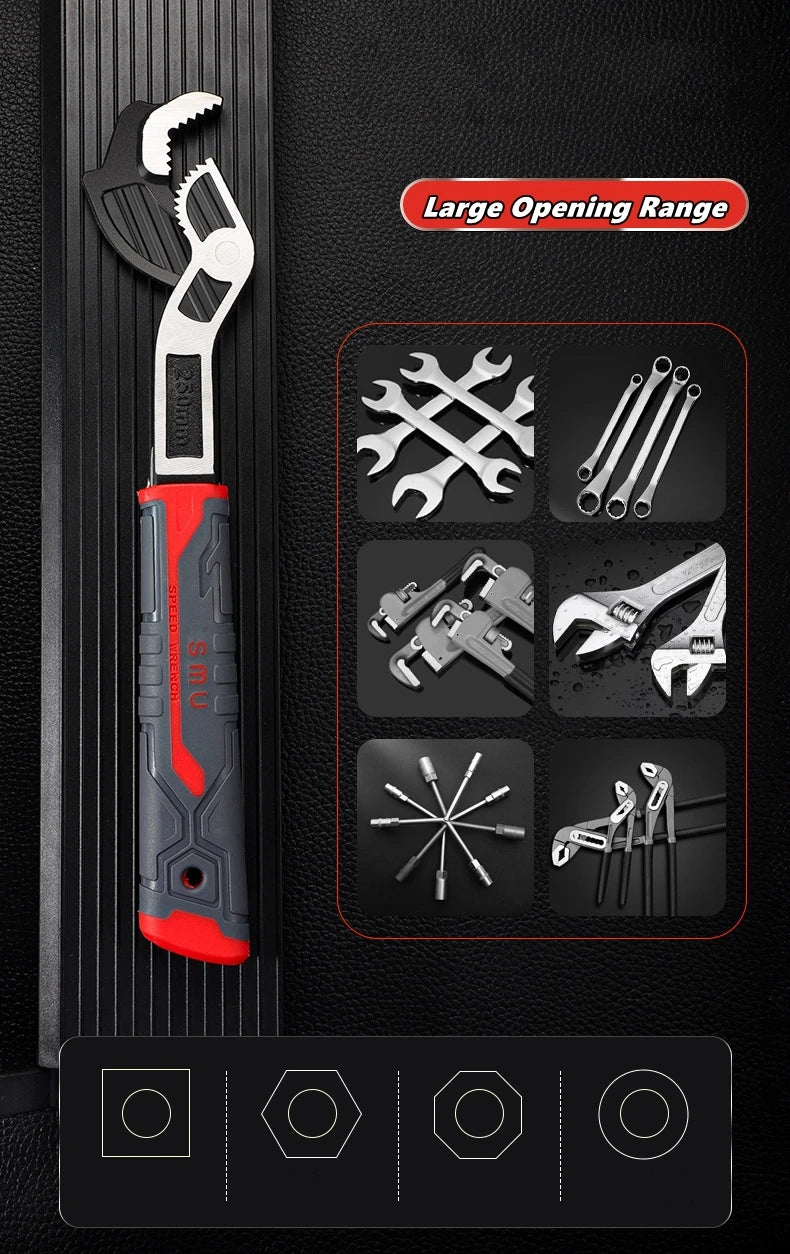 A red and silver adjustable multi-sized locking wrench set with a large opening range displayed against a black background.