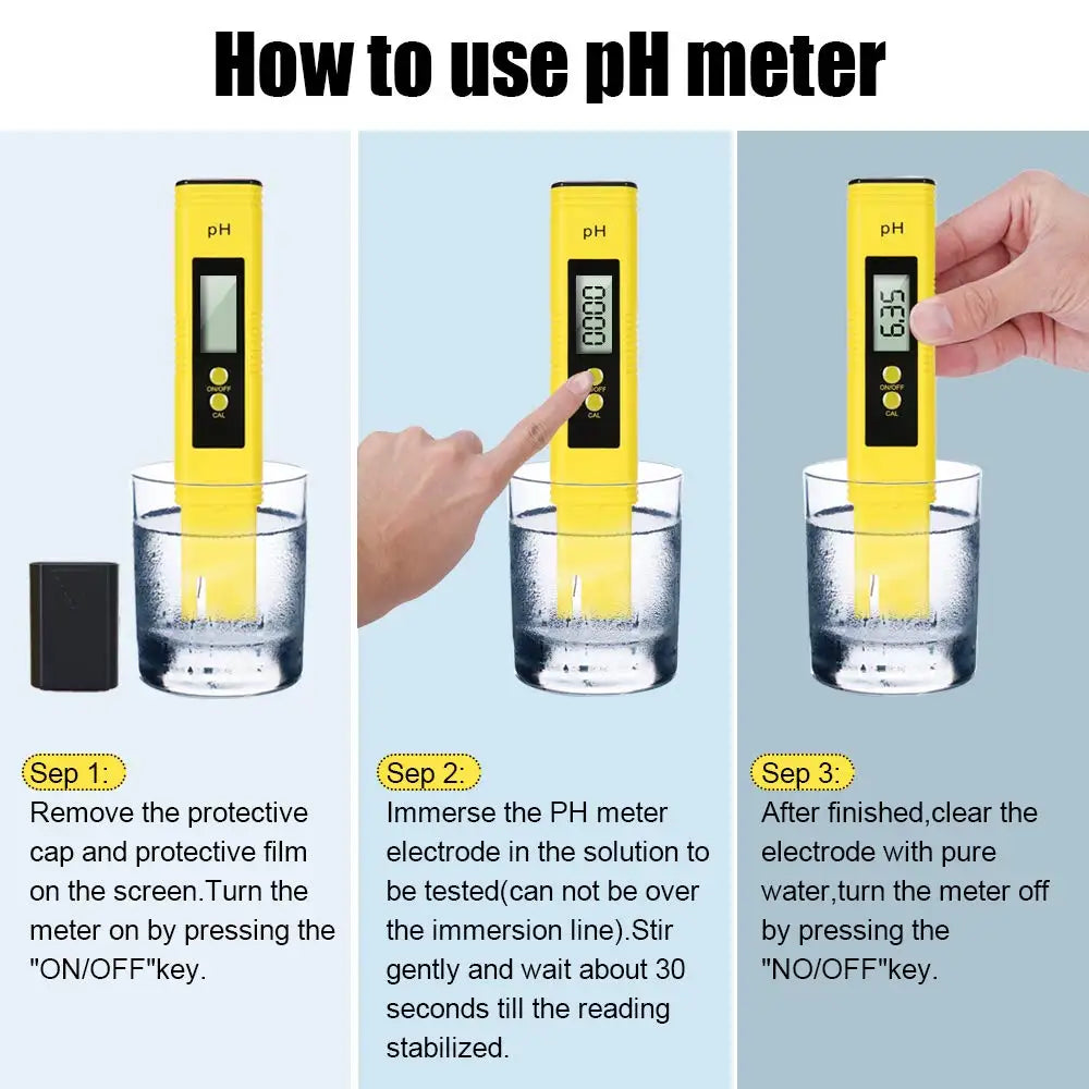 Instructions for using a digital pH meter to test water quality.