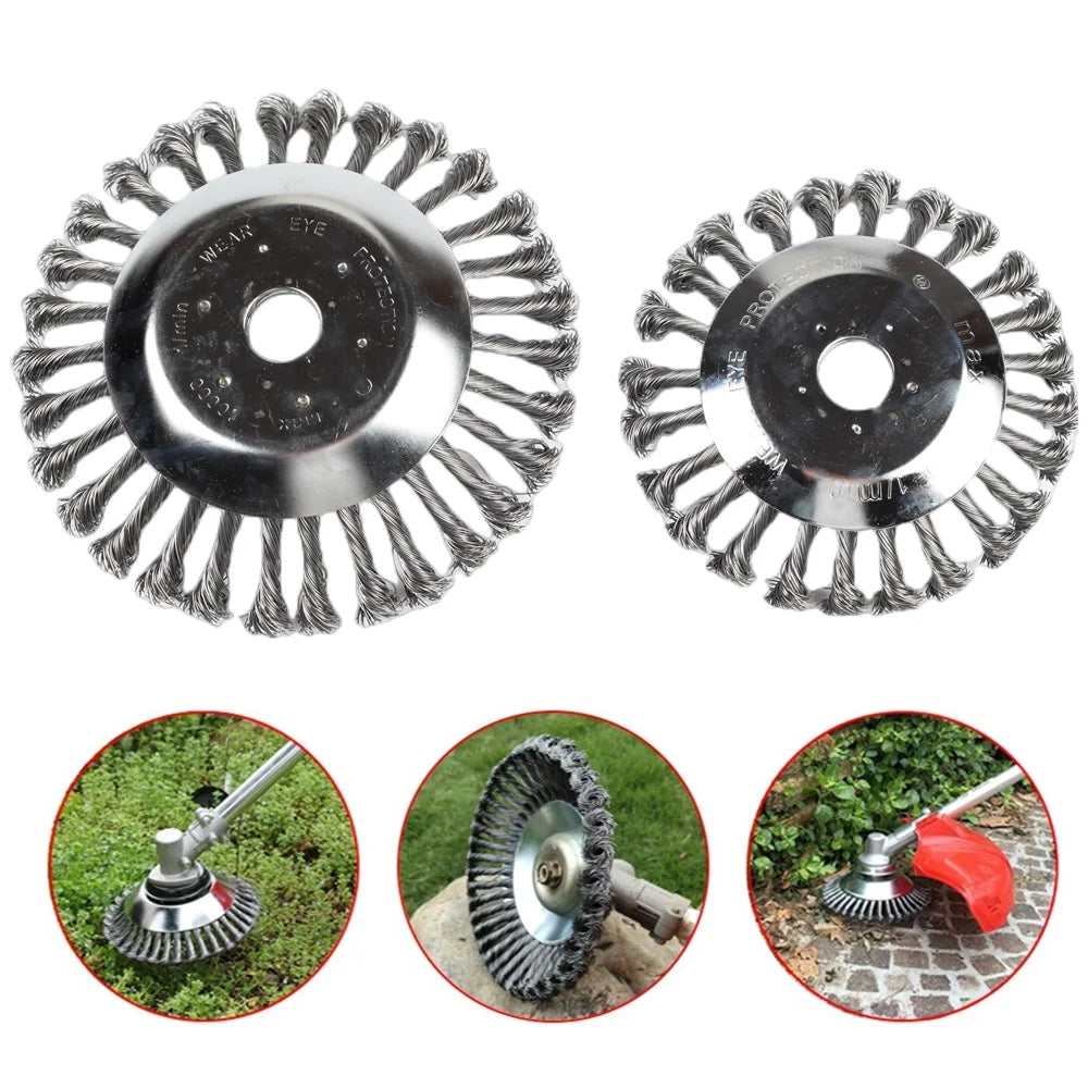 A set of universal gas and petrol trimmer heads for lawn mowers, showing the disc and various cutting elements.