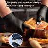 Hands wearing black nitrile gloves are using a finger-tip marked design to enhance grip strength on food.